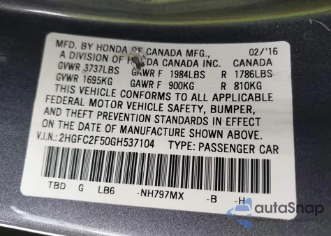 2016 Honda Civic Lx from USA, damaged, VIN 2HGFC2F50GH537104
